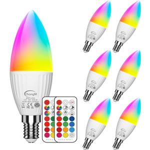 E12 LED Candelabra Light Bulbs 5W, Set of 6 Color Changing Candle Bulbs,Small Base B11 40W Incandescent Equivalent, 560 Lumen, RGB + 5700K Cool White, 12 Colors, 2 Modes, Timer, Remote Control