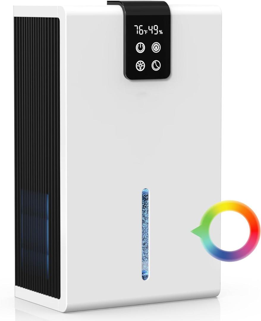 PSOS Dehumidifier, 98 OZ Water Tank, Dehumidifiers for Bedroom, Small Dehumidifier with Auto Shut Off, 7 Colors LED Light, White