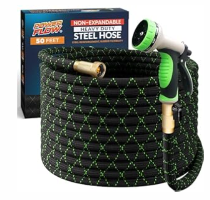 PowerFlow Garden Hose, NON-EXPANDABLE 50 Feet Premium Quality Stainless Steel Metal Water Hose with Durable Fabric Skin, Hose For Commercial, Residential Use, Bonus 10-way Spray Nozzle (50 Ft, Black)