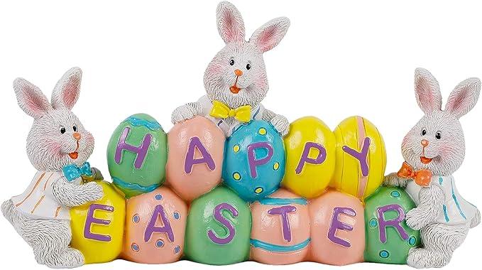 DR.DUDU Easter Decorations Eggs Bunny, HandPainted Resin Tabletop Centerpiece, Decor Bunny Figurine for Home Room Table Office Party (Happy Easter)