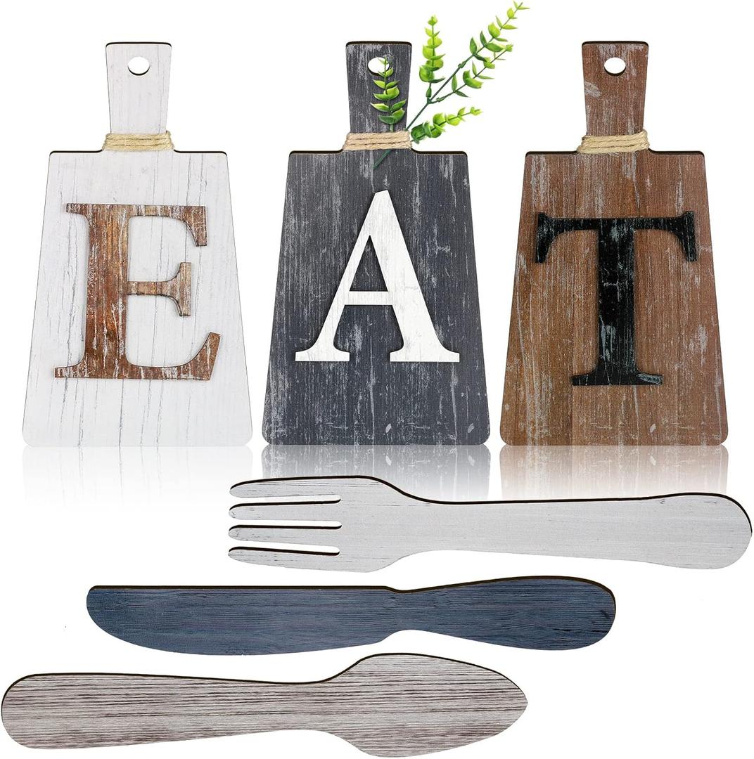 Blulu 6 Pieces Cutting Board Eat Sign Set Hanging Kitchen Eat Sign Fork and Spoon Wall Decor Rustic Farmhouse Decor for Kitchen and Home Decoration Art(Classic Color)