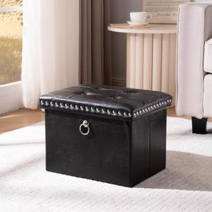 Small Storage Ottoman Foot Rest Stool, 16x12x12 in Foldable Leather Footstool Storage Bench with Rivet Design, Thicker Foam Padded Seat, Footrest Under Desk for Living Room Bedroom, Black