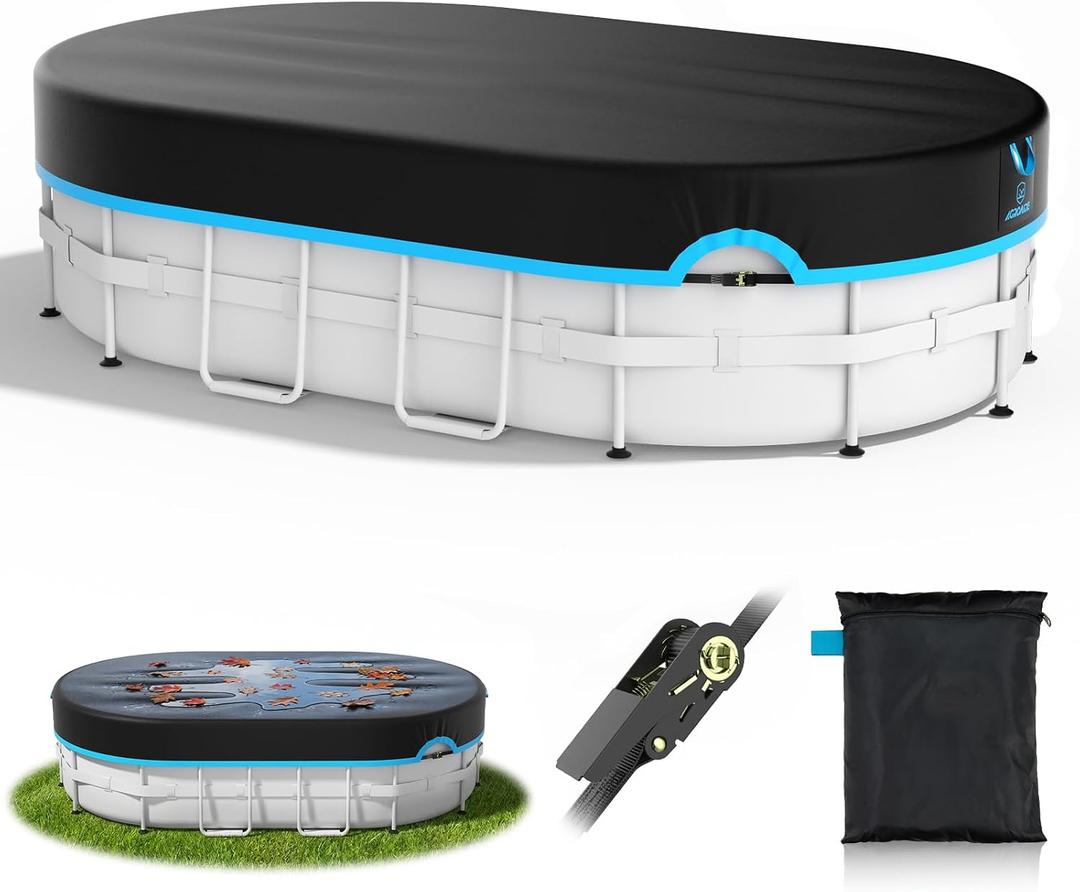 10x16 Ft Oval Pool Cover, Heavy Duty Pool Cover Protector with Ratchet Tie Downs, 420D Oxford Fabric for All Season Use - Tear Resistant, UV & Dust Proof