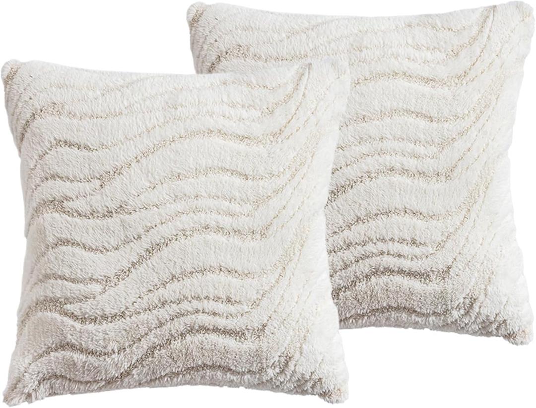 18x18 Inch Plush Faux Wool Pillow Covers Set of 2 Soft Solid Decorative Throw Pillow Cases for Sofa, Bed, Living Room & Home Decor (White)