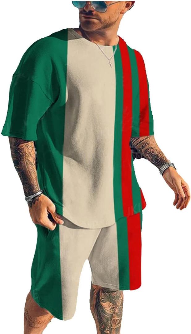 BIRW Mens Short Sets 2 Piece Outfits Fashion Summer Tracksuits Casual Set Short Sleeve and Shorts Stripe Set S