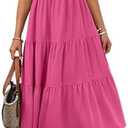 Theenkoln Womens Casual Midi Dress: Short Sleeve V-Neck Empire Waist Gingham Spring Fashion Long Trendy Tiered Formal Dresses, Small, Hot Pink 