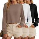 Ficerd 3 Pack Cotton Cropped Long Sleeve Tops for Women Loose Fit Crew Neck Drop Shoulder Crop T Shirts Basic Tee, Medium