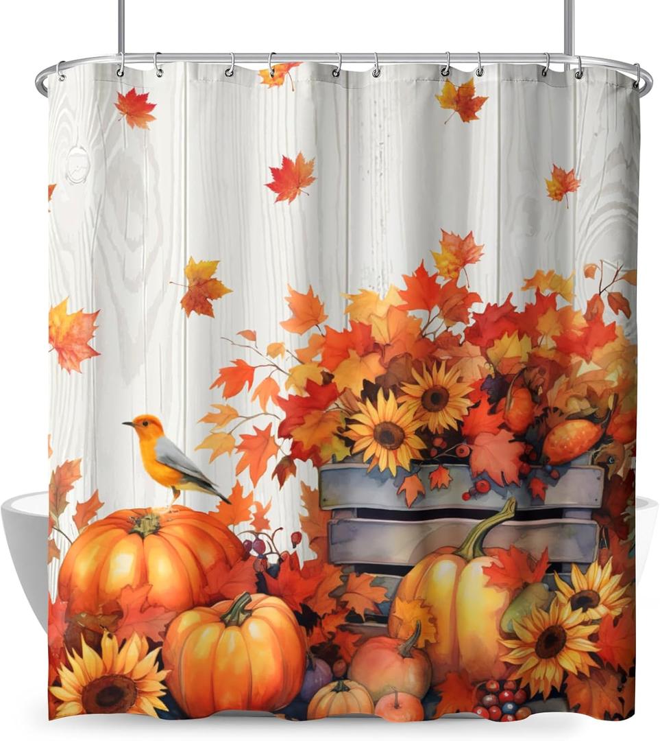 Fall Sunflower Shower Curtain Pumpkin Autumn Harvest Shower Curtain for Bathroom Rustic Maple Leaves Thanksgiving Bird Floral Shower Curtains with Hooks for Farmhouse Bath Decor 72"x72"