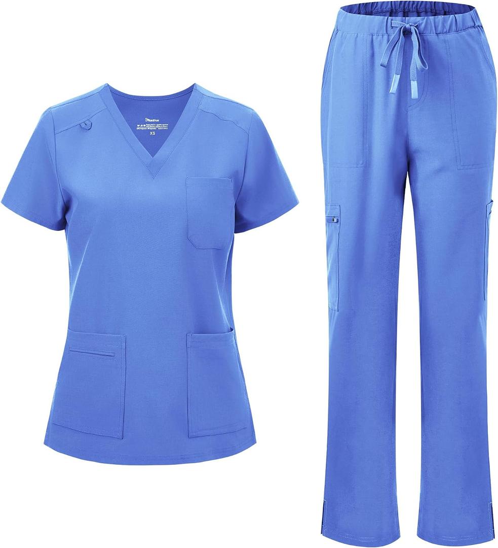 floralhue Scrubs for Women, V-Neck Scrubs Top & Cargo Pants with 12 Pockets, Yoga Waistband, 4 Way Stretch, Large