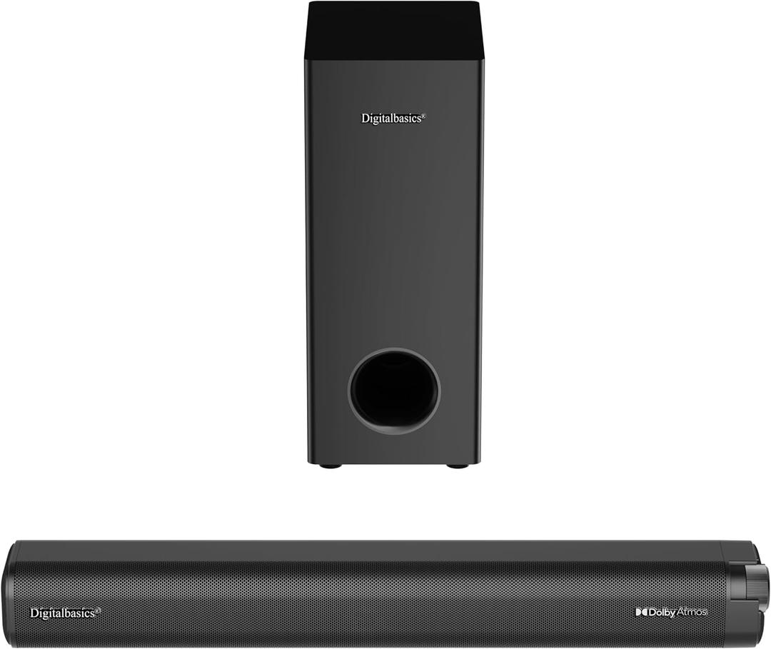 2.1CH Dolby Atmos TV Soundbar Speaker 5.3 Bluetooth 120W Output with 70W External Wired Subwoofer and Opt&AUX Cables,Deep Bass,Multiple Connection