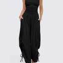 Fisoew Womens Casual Jumpsuits Summer Halter Straps Sleeveless Overalls Ruched Barrel Wide Leg Side-Cinch Long Pant Rompers, Large, Black