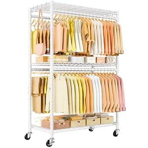 ULIFHOME P5 Plus Rolling Clothes Rack Heavy Duty, Clothing Racks for Hanging Clothes, Metal Garment Rack with Wheels, 3-Tier Portable Closet Rack 45'' W × 20.5'' D × 80.5'' H, Max Load 660 Lbs, White