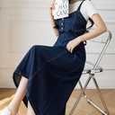 CHARTOU Women's Elegant Straps Back Smocked A-Line Long Skirt Denim Overall Pinafore Dress (Blue, XXL)