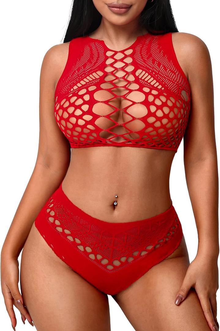 Avidlove Womens Fishnet Lingerie for Women Sexy Two Piece Lingerie Set Stripper Outfit (One Size, Red)