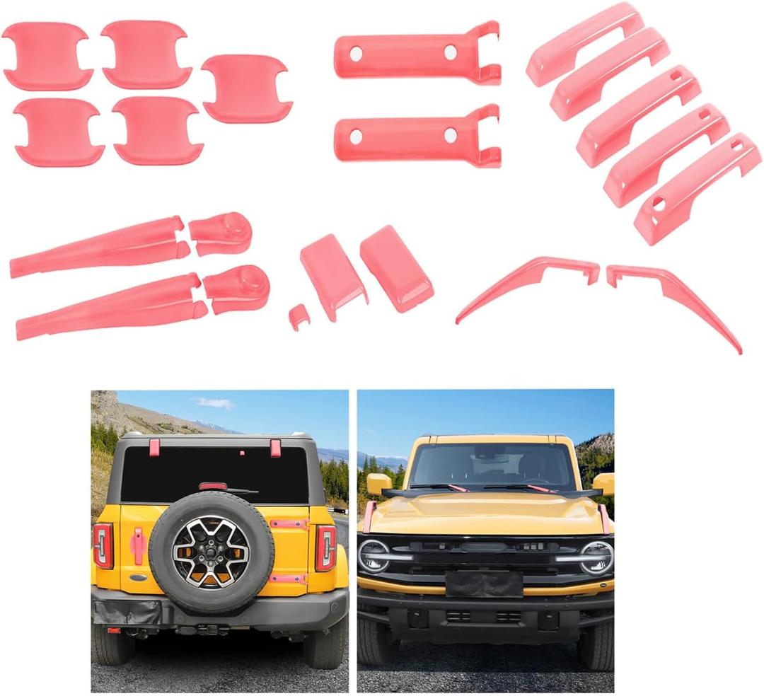 21PCS Full Set Exterior Trim Kit Fit for 2021-2026 Ford Bronco 2/4 Door, Exterior Door Handle Bowl Front Wiper Tailgate Window Engine Hood Hinge Cover(Pink)