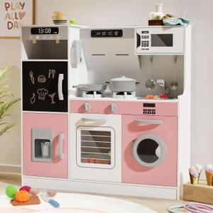 BIERUM Play Kitchen with Realistic Lights & Sounds, Wooden Kitchen Playset with 28 Pcs Toy Food & Cookware Accessories, Toy Kitchen with Plenty of Play Features, Idea Gift for Boys and Girls Ages 3+ (Pink)