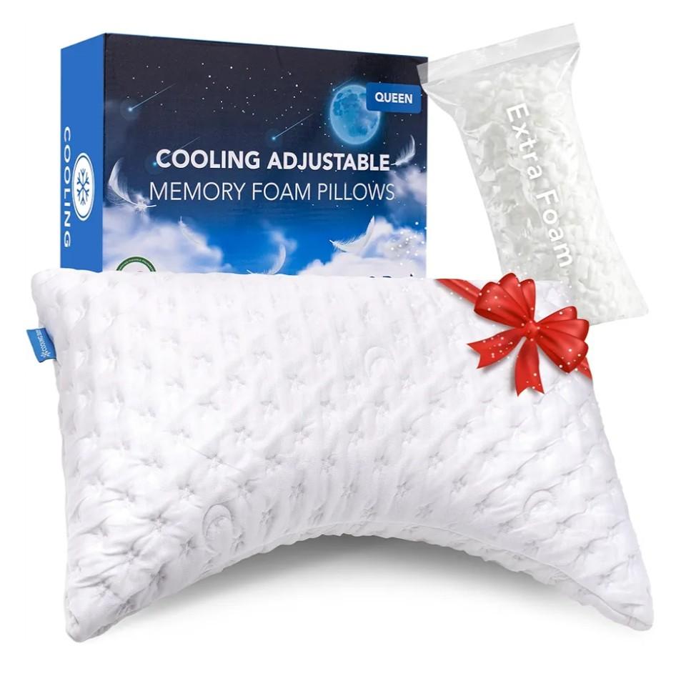 Cooling Side Sleeper Pillow for Neck and Shoulder Pain, Luxury Shredded Memory Foam Curved Bed Pillows for Sleeping Set of 1- Adjustable Queen Size- Washable Cover Crescent White