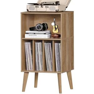 Lerliuo Record Player Stand, Oak Turntable Stand Holds up to 160 Albums, Mid-Century Vinyl Storage Cabinet Table with Solid Wood Legs, Record Player Holder Dispaly Shelf for Bedroom Living Room