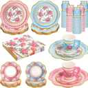 200 Pcs Disposable Tea Party Cups and Saucers Set, 50 Guests Floral Tea Party Supplies Include 9 oz Paper Tea Cups with Handle, 9 Inch Paper Plates, Saucers Napkins for Tea Party Birthday Wedding
