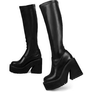 AMINUGAL Womens Elastic Knee High Platform Chunky Block High Heel Sock Boots Zipper Round Toe Fashion Motorcycle Combat Punk Boots For Women, Size 8 (Black)