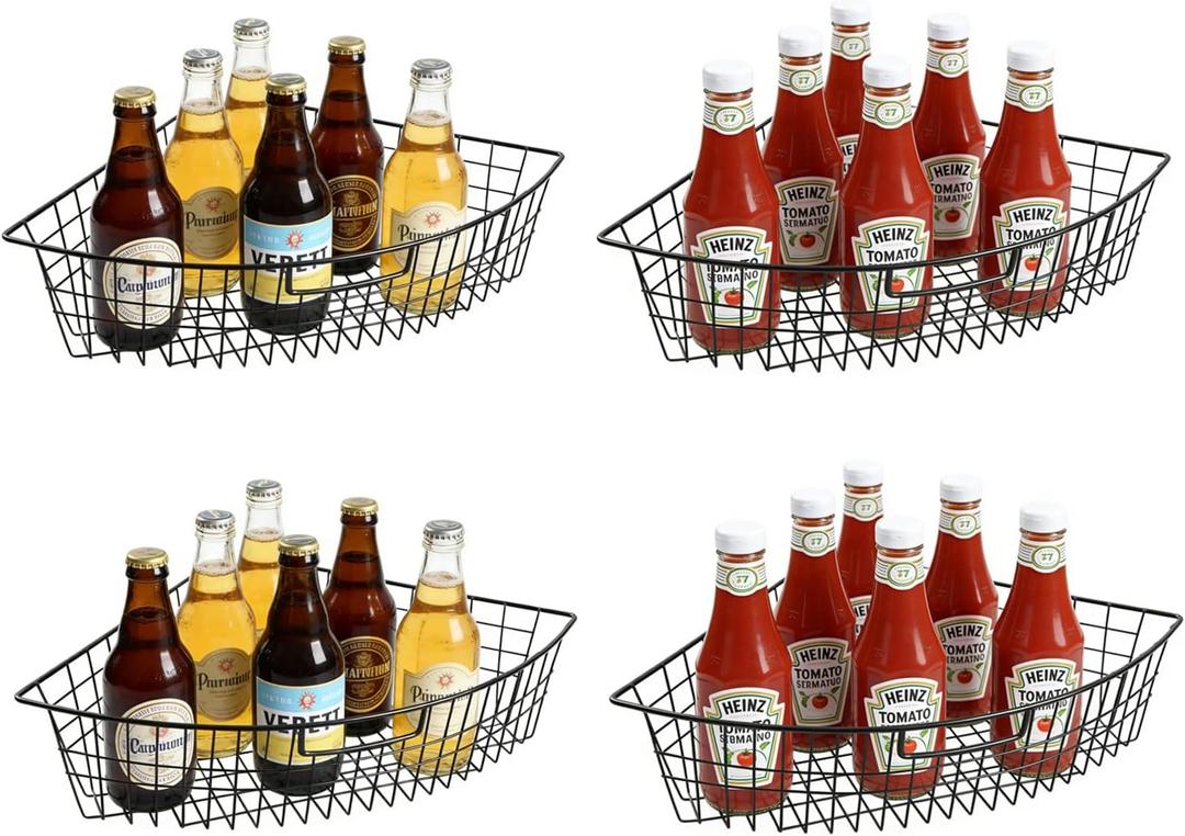 4 Pack Metal Lazy Susan Organizer Baskets with Handles 1/4 Wedge Wire Storage Bins for 24" Lazy Susan Turntable, Kitchen Cabinet & Pantry Organizer, Black