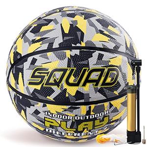 SQUAD Colored Camo Outdoor Basketball - High-Performance Rubber Basketball, Official Regulation Size 7 (29.5''), Includes Pump and Mesh Bag, Yellow