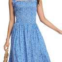 Floral Print Sundress for Women Square Neck Sleeveless Smocked Flowy Mini Short Boho Summer Dresses (Large)