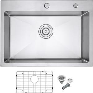 30"x18" Drop-In Kitchen Sink, 304 Stainless Steel Single Bowl Sink, D30"xW18"xH9"