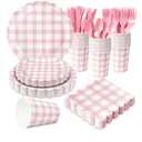 175 PCS Pink Gingham Party Supplies Includes Pink Gingham Paper Plates, Cups, Napkins, Cutlery for Baby & Bridal Shower, Wedding, Birthday Party, Outdoor Picnic, Serves 25