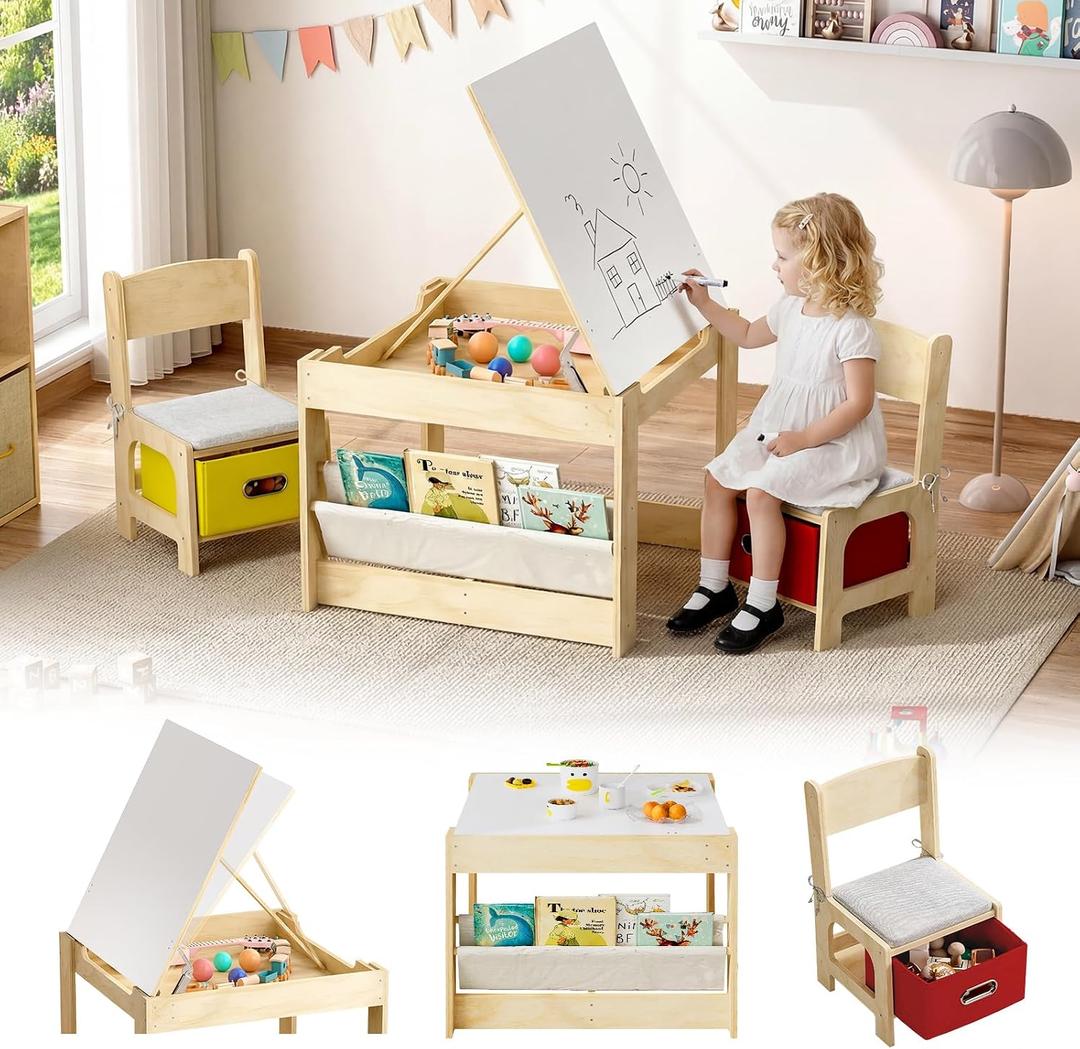 EXPERLAM Kids Table and Chairs, Wooden Kids Table and 2 Chairs with Adjustable-Height Drawing Tabletop, Toddler Table and Chair Set with Safety Hinges,Storage Drawers & Bookshelf for Playroom Nursery, Large