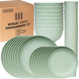 Wheat Straw Dinnerware Sets | Unbreakable Dinnerware Sets | Dishwasher Microwave Safe Dinnerware | Eco Friendly Non Breakable Dinnerware Sets | RV Outdoor Camping (Green, Service for 8 (32 pcs) 