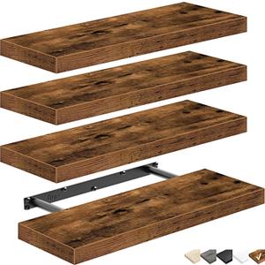 QEEIG Floating Shelves for Wall Small Shelf (Brown, Set of 5, 24" x 12") 16 inch Bathroom Shelf for Farmhouse Decor Books, Bedroom Kitchen Living Room, Renter Friendly (015-BN4)