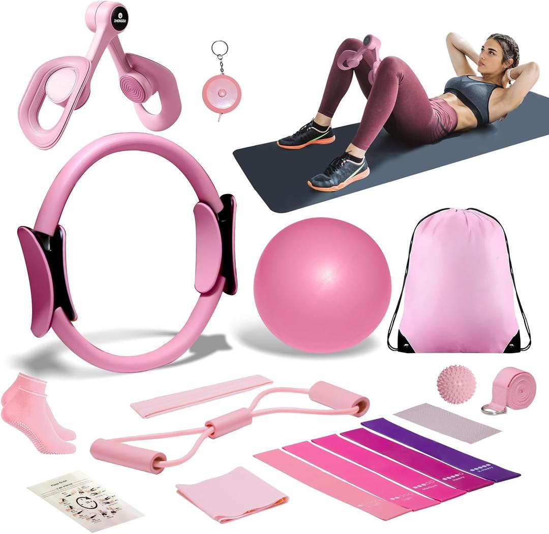 Thigh Master 18Pcs Pilates Equipment Set for Women Leg Pelvic Floor Training | Pilates Kit with Pilates Ring, Mini Yoga Ball, 5 Resistance Bands, Massage Ball, Yoga Socks & Portable Storage Bag | Pilates Kit with Pilates Ring, Mini Yoga Ball, 5 Resistance Bands, Massage Ball, Yoga Socks & Portable Storage Bag
