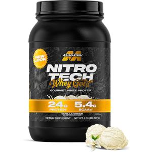 MuscleTech Whey Protein Powder (Vanilla Cream, 2LB) - Nitro-Tech Whey Protein Isolate Smoothie Mix for Lean Muscle & Recovery - 24g of Whey Gold for Women & Men - Packaging May Vary