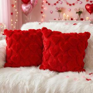 Set of 2 Red Pillow Covers 18x18 with Embroidered Hearts  Soft Plush Polyester Decorative Red Couch Pillow Covers for Sofa, Bedroom, Living Room  Romantic Heart Decor for Mother's Day Home Accent