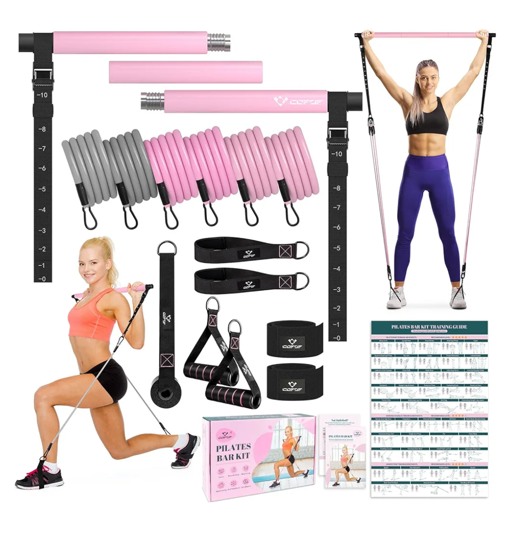 Pilates Bar Kit with Resistance Bands, Multifunctional Yoga Pilates Bar with Heavy-Duty Metal Adjustment Buckle, Portable Home Gym Pilates Resistance Bar Kit for Women Full Body Workout