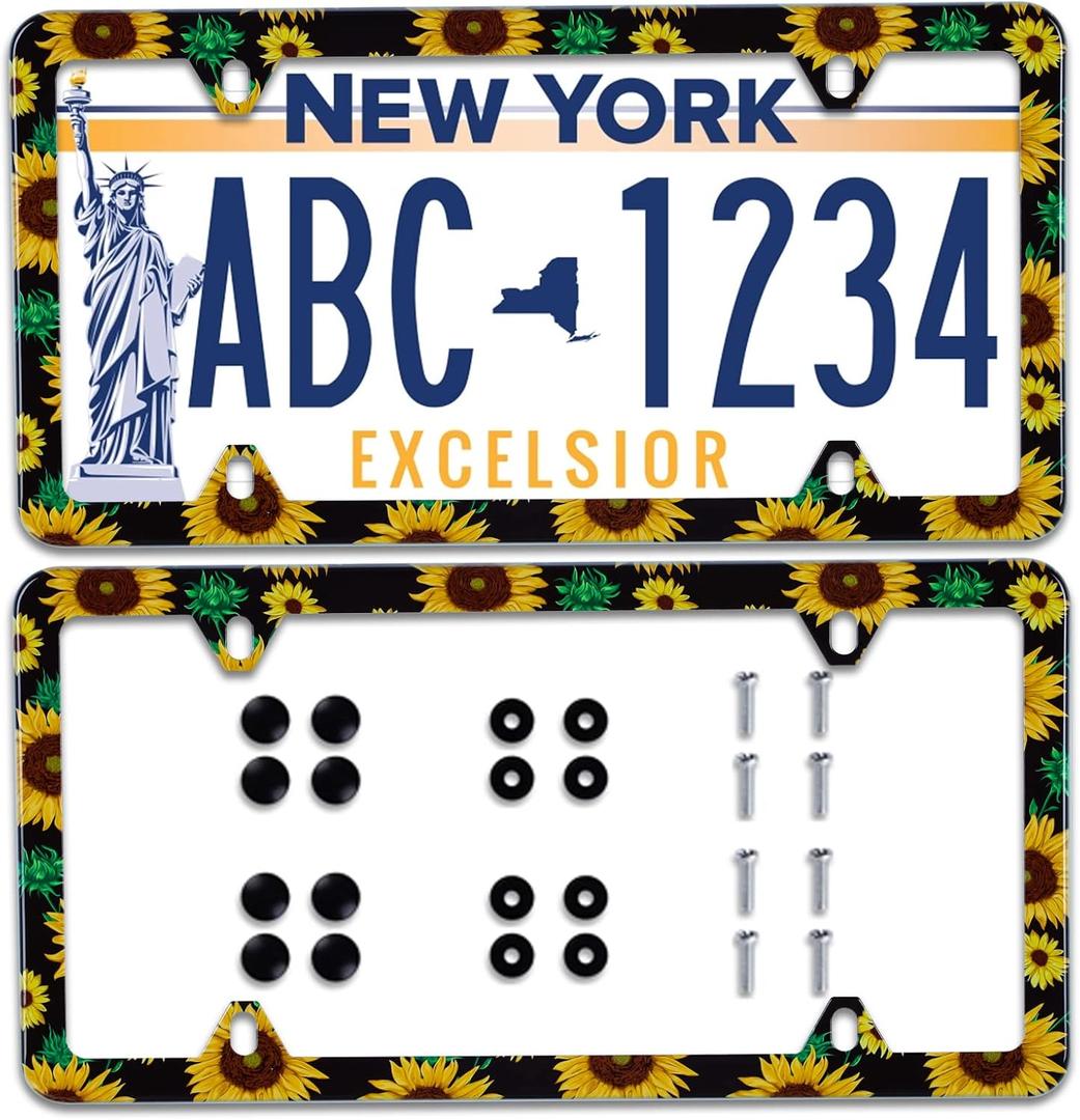 2Pcs Sunflower Flowers Green Leaves Watercolor License Plate Frame Stainless Steel Car License Plate Frame Accessory Car Plate Frame Decor 12.3" x 6.3" for US Vehicle Standard Size