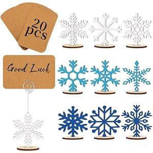 Funnymoom 20 Pcs Christmas Wood Place Card Holders Stand Display and 20 Kraft Place Cards Santa Snowman Elk Number Name Photo Picture Clip Holder for Xmas Party Table Decoration (Blue White Snowflake)