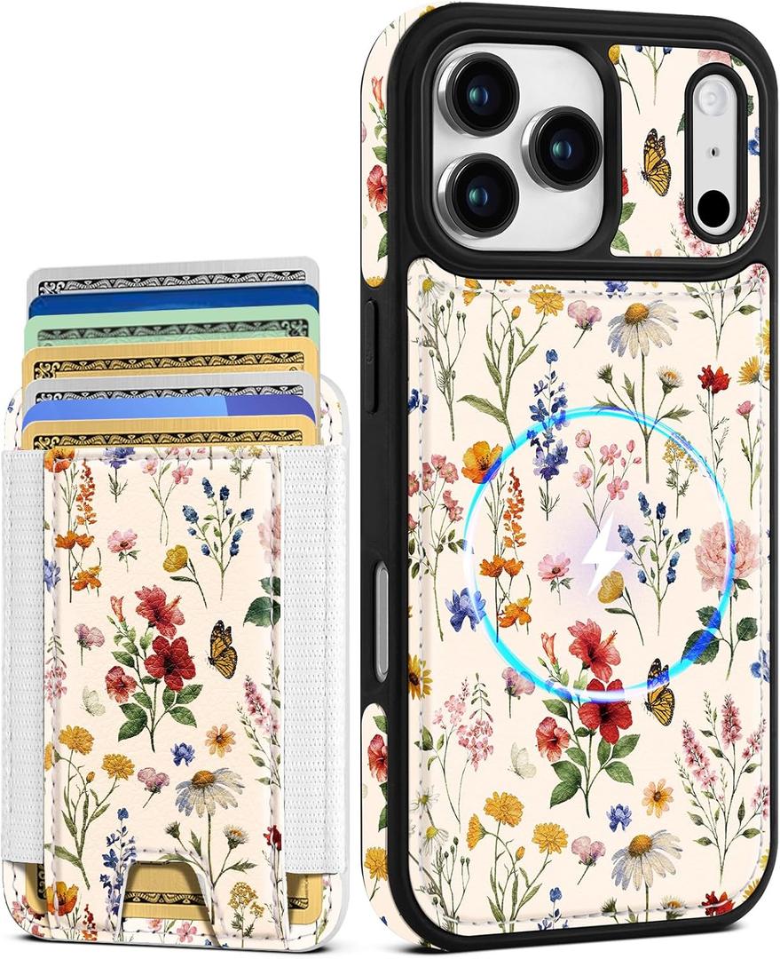 Shorogyt for iPhone 17 Pro Case Wallet - Fits 5 Cards, Compatible with Magsafe Detachable Magnetic Credit Card Holder Leather Cardholder Cute Phone Cover Women Girls for Apple 17Pro, Floral