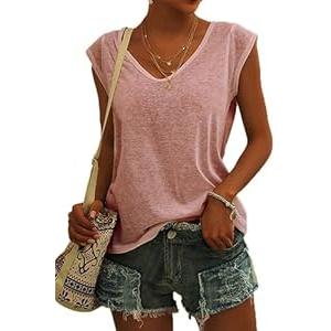 Womens Cap Sleeve T Shirts V Neck Casual Tops Oversized T-Shirt Summer Trendy Lightweight Loose Fit Basic Tees (Medium) Pink