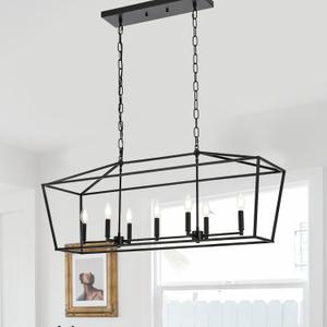 Lantern Island Light 7-Light Black Chandelier Dining Room Light Fixtures Over Table Rectangle Kitchen Island Chandeliers Modern Hanging Light Fixture