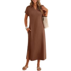 MEROKEETY Women's Summer Casual Maxi Dress 2026 Cap Sleeve V Neck Collared Beach Vacation T Shirt Long Dresses (Brown, M)