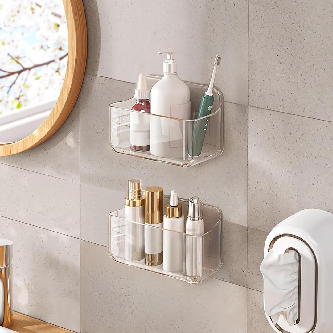Diesisa 2pc Acrylic Wall Mount Organizer, Small Adhesive Clear Cabinet Door Organizer, Acrylic Shelves for Wall,No Drilling Hang Walls,with Self Adhesive Tape, for Bathroom, Kitchen, Living Room