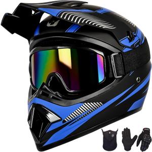 Yesmotor Youth Dirt Bike Helmet Set Includes Gloves, Goggles, Mask, Ideal Helmet for Kids 8-14, Premium Safety Gear for Dirt Bike Helmets Enthusiasts - DOT Approved (Dark Blue,M)