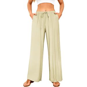 GUOLEZEEV Women Wide Leg Flowy Linen Pants Loose Drawstring Casual Pants Beach Vacation Trouser (Beige, XL)