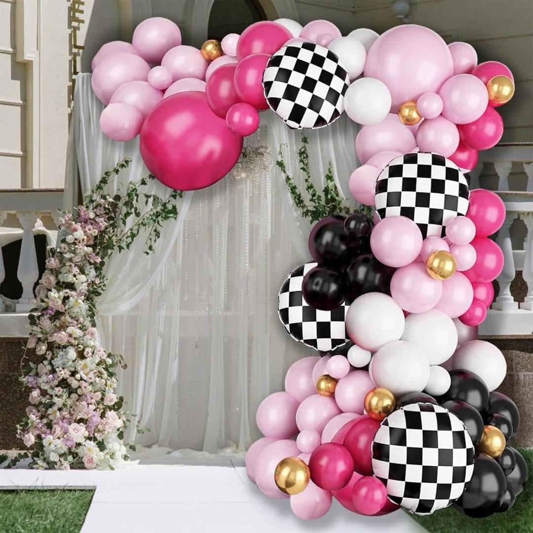 Pink Race Car Balloon Arch Kit,Hot Pink White Black Balloons Garland Kit with Black White Plaid Foil Balloons for Racing Car Theme Birthday Party