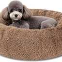 Dog Calming Beds for Small Medium Large Dogs - Round Donut Washable Puppy Dog Bed, Anti-Slip Faux Fur Fluffy Donut Cuddle Anxiety Cat Pet Bed(20'' Khaki