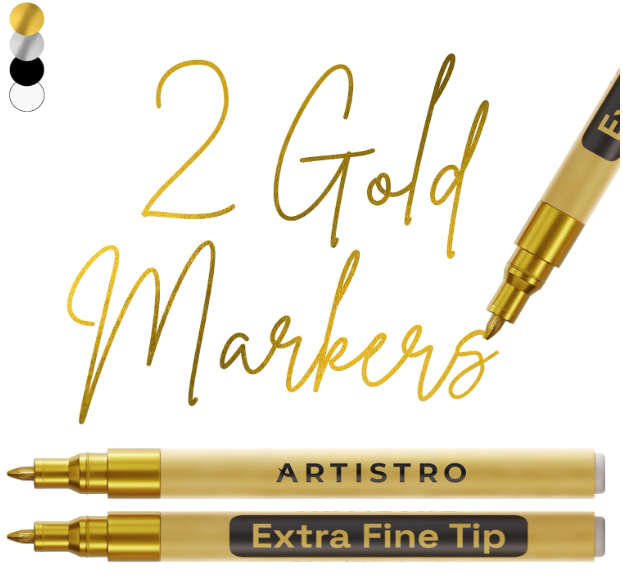 ARTISTRO 2 Gold Acrylic Paint Markers - 0.7mm Extra Fine-Tip Paint Pens - Perfect for Crafting, Art Projects, & More