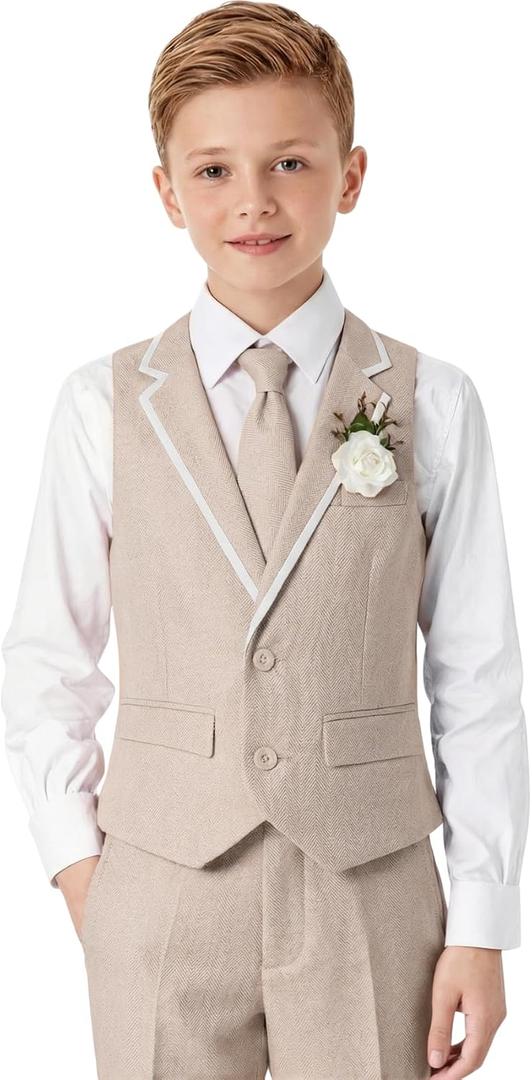 Suits for Boy Beige Kids Tuxedo Slim Fit Toddler 5pcs Shirt Vest Pants First Communion Boys Dress Clothes Set Size 10 (Beige)
