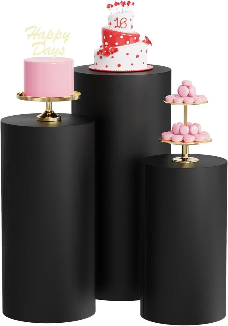 Wokceer Cylinder Pedestal Stand Covers for Party 3Pcs Spandex Black Cylinder Stand for Party Covers Plinth Pedestal Cover Pillar for Birthday Parties Wedding Decor